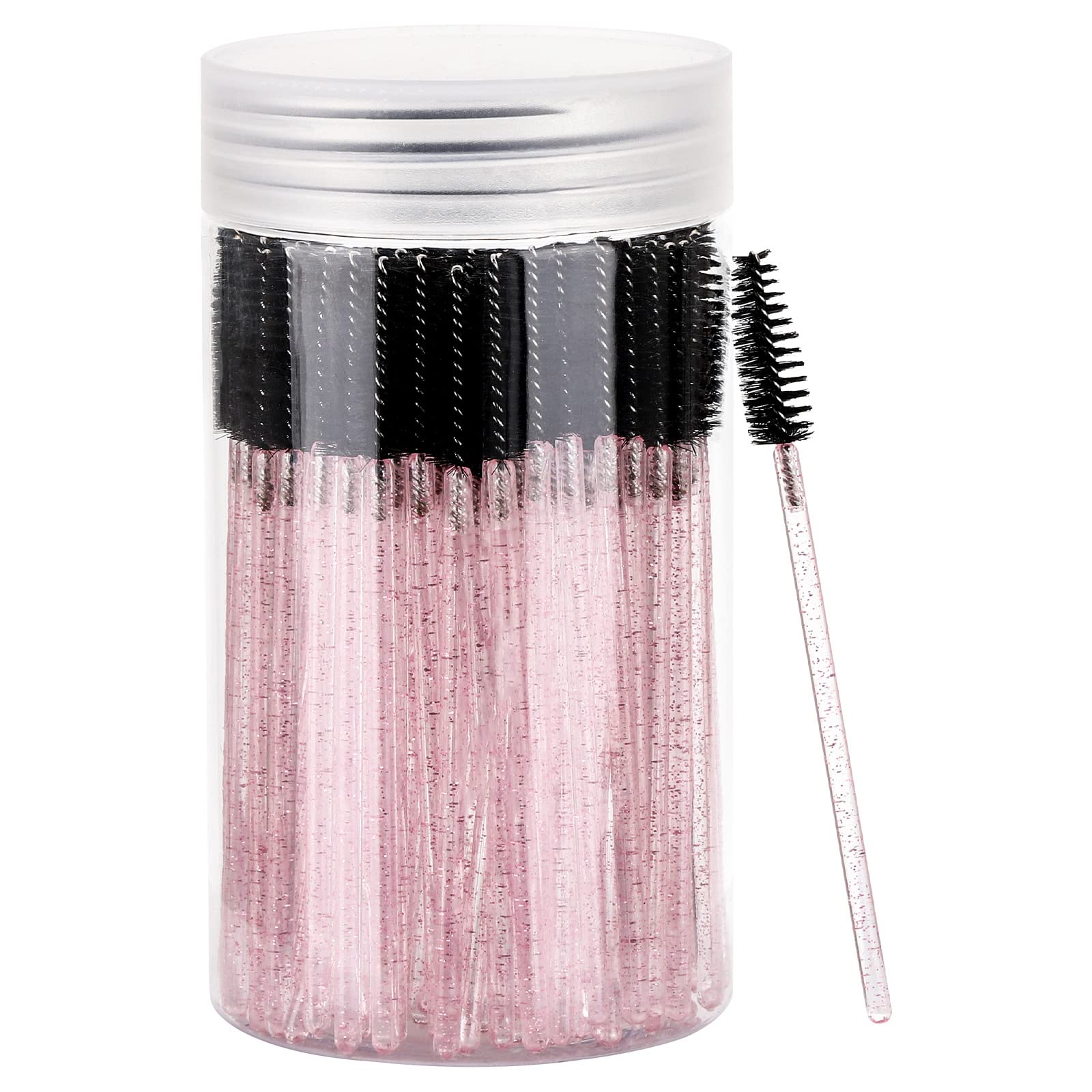 Photo 1 of 100 Pcs Disposable Mascara Wands, Crystal Eyebrow Spoolies Brush for Eyelash Extensions, Lash Brushes with Container (Black, Pink)