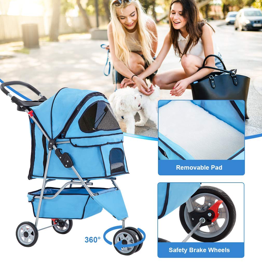 BestPet New Pet Stroller Cat Dog Cage 3 Wheels Stroller Travel Folding