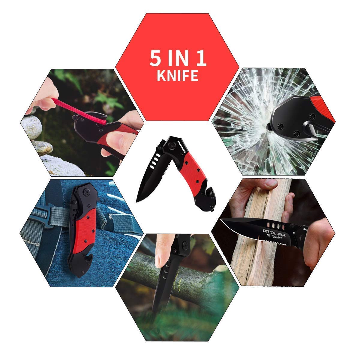 Morpilot Tactical Knife & Emergency Fire starter, 5 in 1 Pocket Knife, Folding Knife, Emergency Fire Starter with Magnetic Compass & Emergency Whistle for Camping, Outdoor Survival, Hiking, Hunting