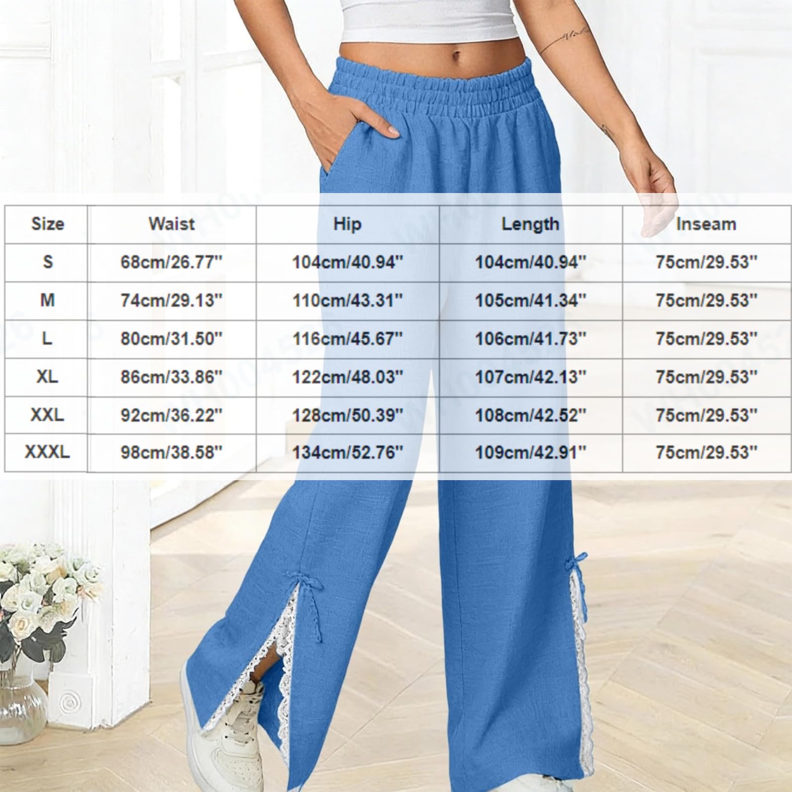Womens Cotton Linen Palazzo Pants Casual Wide Leg Lace Side Slits Slacks Loose Gauze Beach Vacation Clothes Linen Outfits Women Sky Blue
