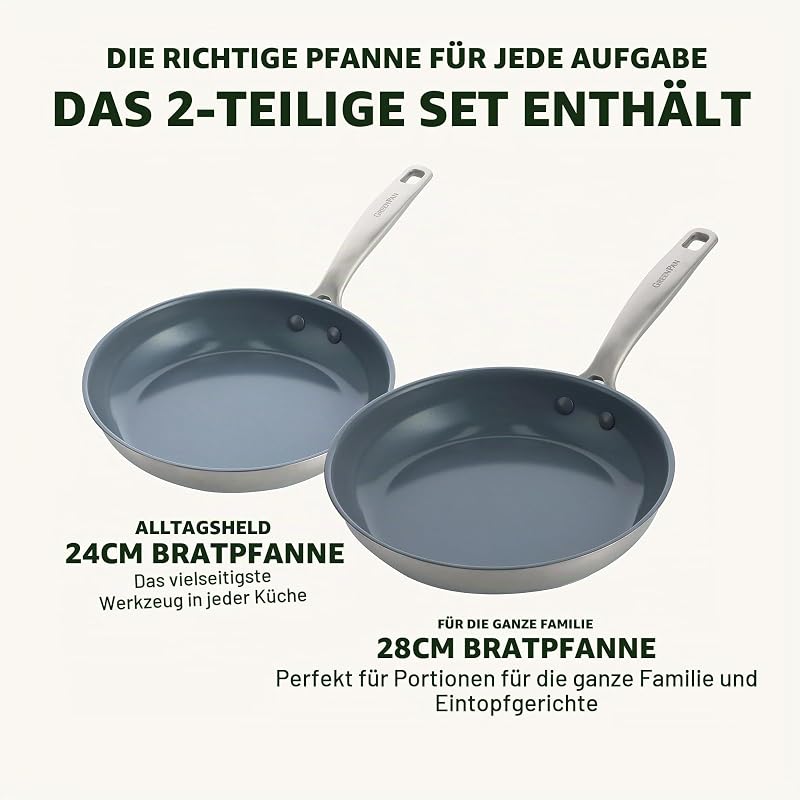 Treviso Edelstahl Gesunde Antihaftbeschichtung aus Keramik Non-Stick 24cm & 28cm Bratpfannenset, PFAS-frei, Induktion, Backofen geeignet, Spülmaschinenfest, Silber — Foto 6 von 8