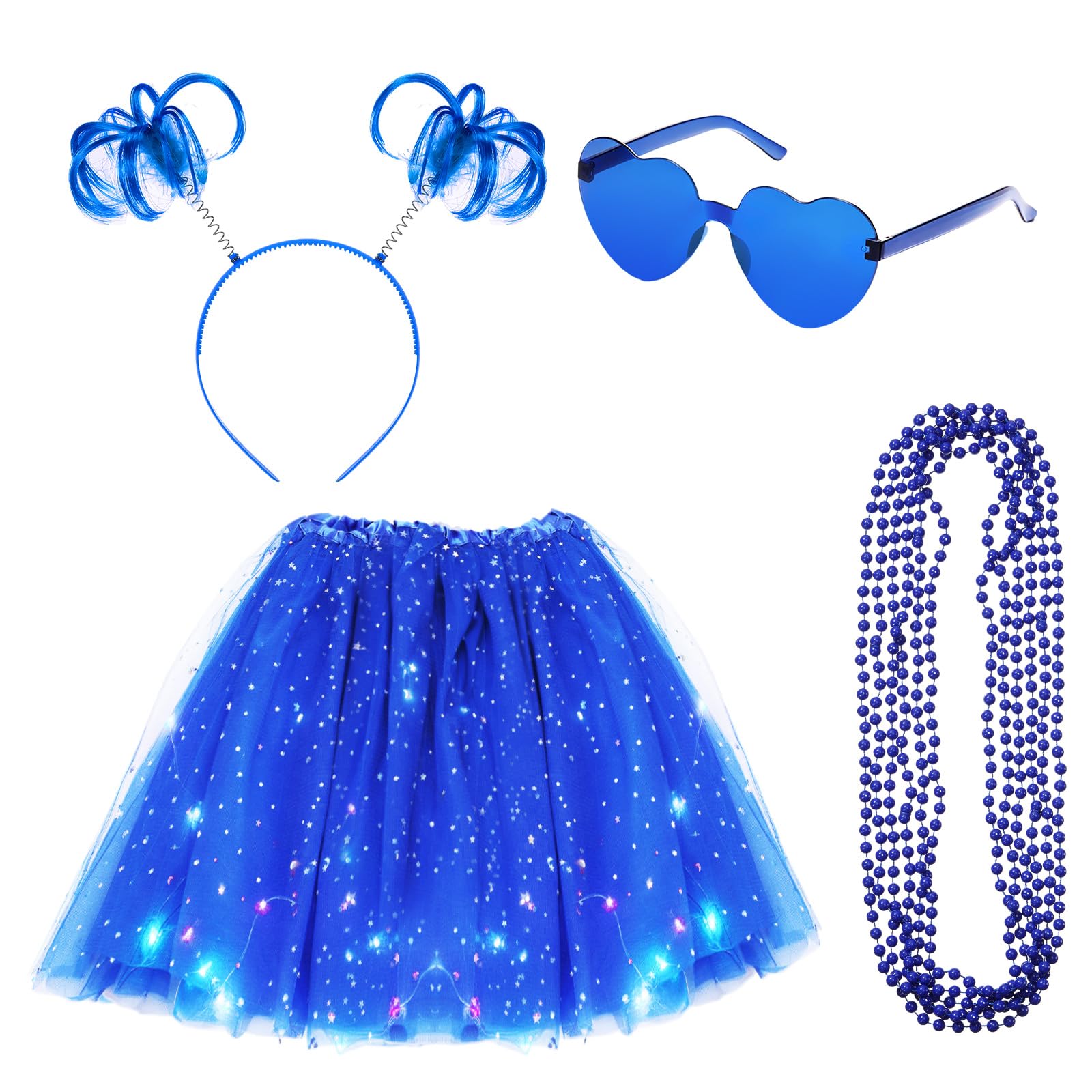 Photo 1 of ***No skirt***
Panitay 9 Pcs Halloween LED Skirt Costume Set for Women, Lighted Tulle Tutu Skirt Pom Ponytail Headband Heart Sunglass(Small,Royal Blue)