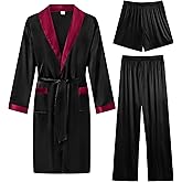 SWOMOG Men's 3 Pcs Robe Silk Satin Kimono Bathrobe with Shorts&Pants Set Lightweight Soft Sleepwear