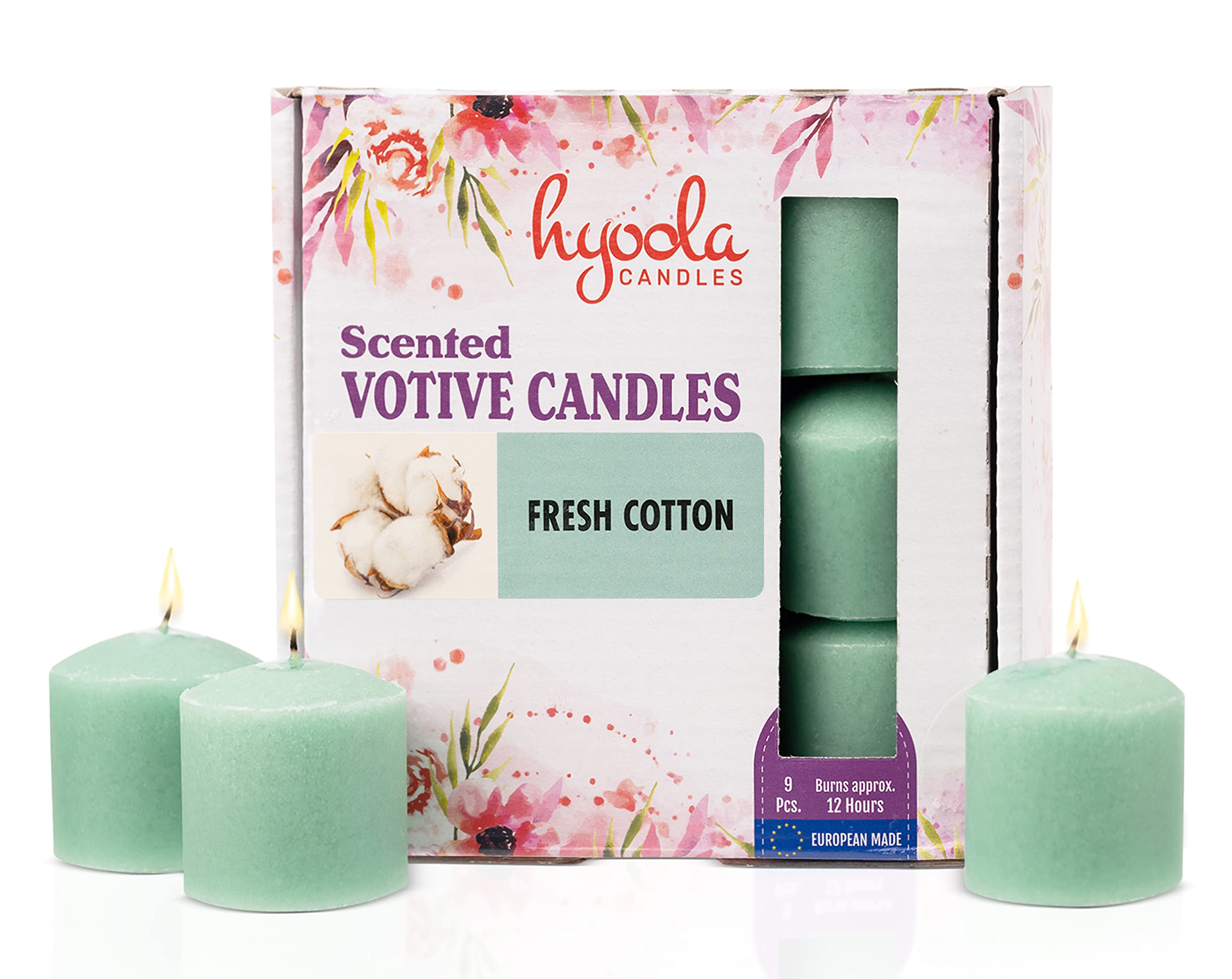 Hyoola Scented Votive Candles - Fresh Cotton Votive Candles Scented -12 Hour Burn Time - 9 Pack - European Made