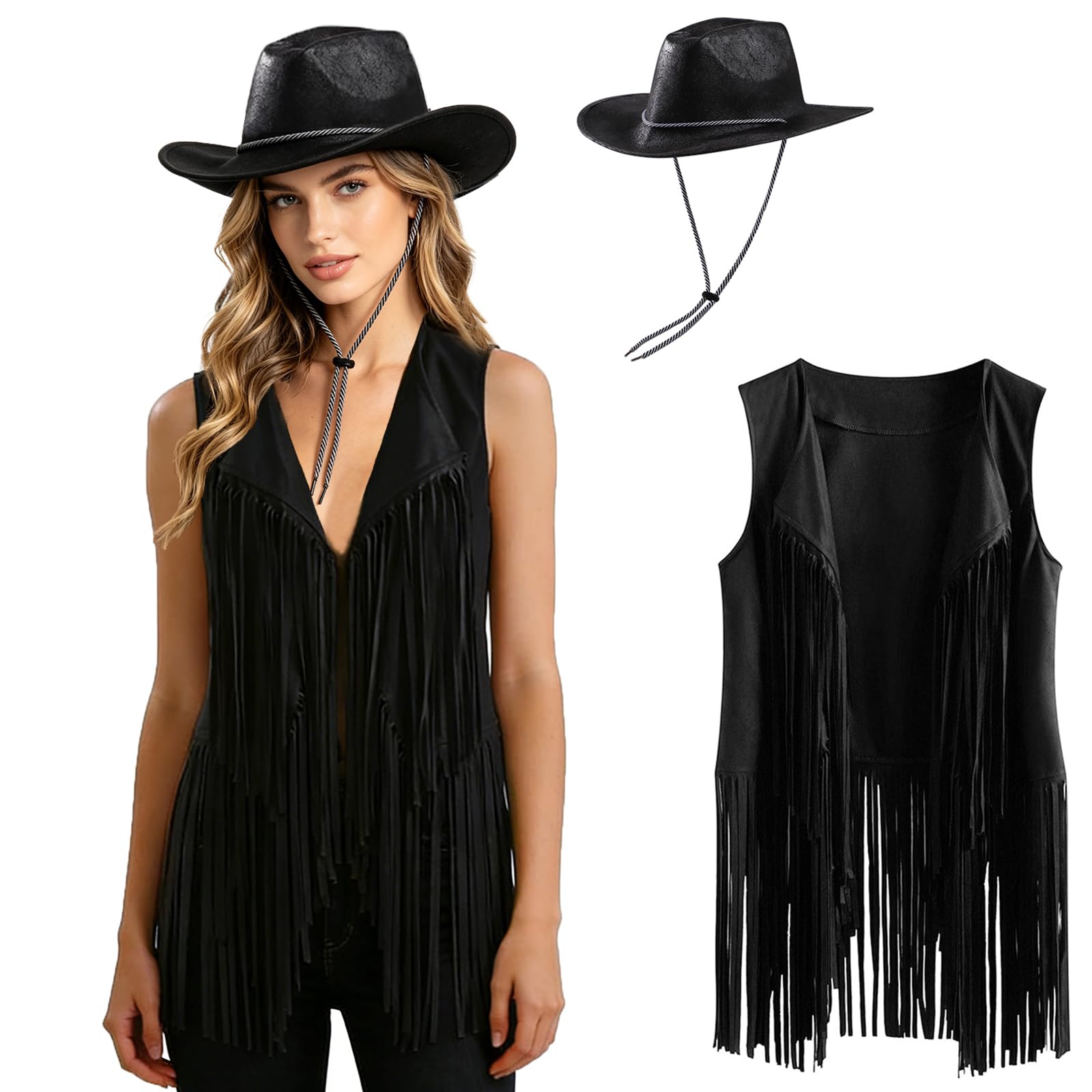Adult Cowboy Hat Cowgirl Costume Outfit Set Women's Tassel Vest Women Disco Top Fringe Jacket Cardigan 60s 70s Fancy Dress Faux Suede Hippie Costume Clothes Open Front Sleeveless Jacket for Women Men