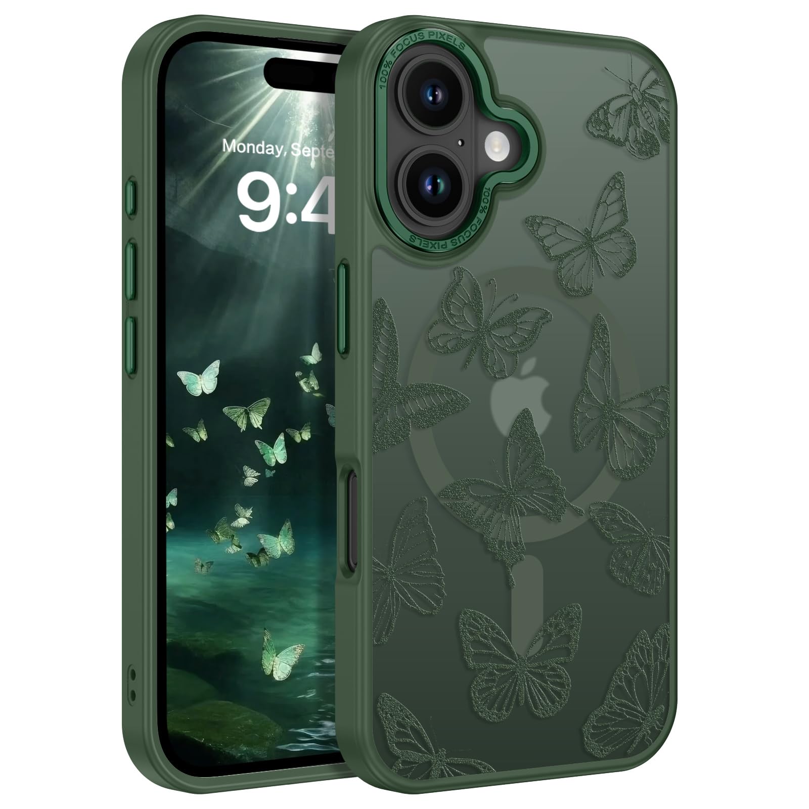 BENTOBEN Magnetic for iPhone 16 Plus Case with Cute Butterfly Pattern, [Compatible with MagSafe] Translucent Matte Slim Shockproof Women Girl Protective Phone Case for iPhone 16 Plus 6.7",Dark Green