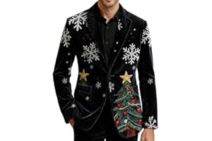hlysgo Mens Christmas Suit Jackets Xmas Printed Corduroy Business Blazers Lapel Button Fitted Party Trench Coat with Pockets