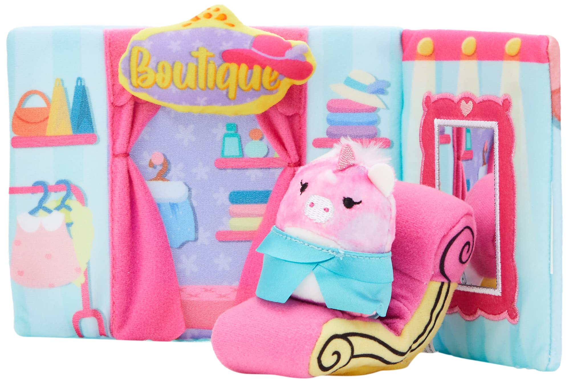 Squishmallows’ Squishville Boutique Play Scene, 2” Lola Soft Mini-Squishmallow, 8” Playset, 1 Plush Accessory, Marshmallow-soft animals, Boutique Toys