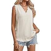 Famulily Womens Sleeveless Ruffled V Neck Tops Summer Linen Tank Tops Solid Color Raw Edge Hem Camisoles