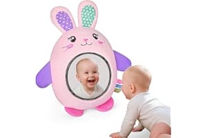 FIOBEE Tummy Time Toys Baby Mirror Tummy Time with Crinkle & Jingle Sounds Large Baby Sensory Toys for Infant Ages 0 3 6 Months and Up Newborn Training Essentials, Pink Rabbit
