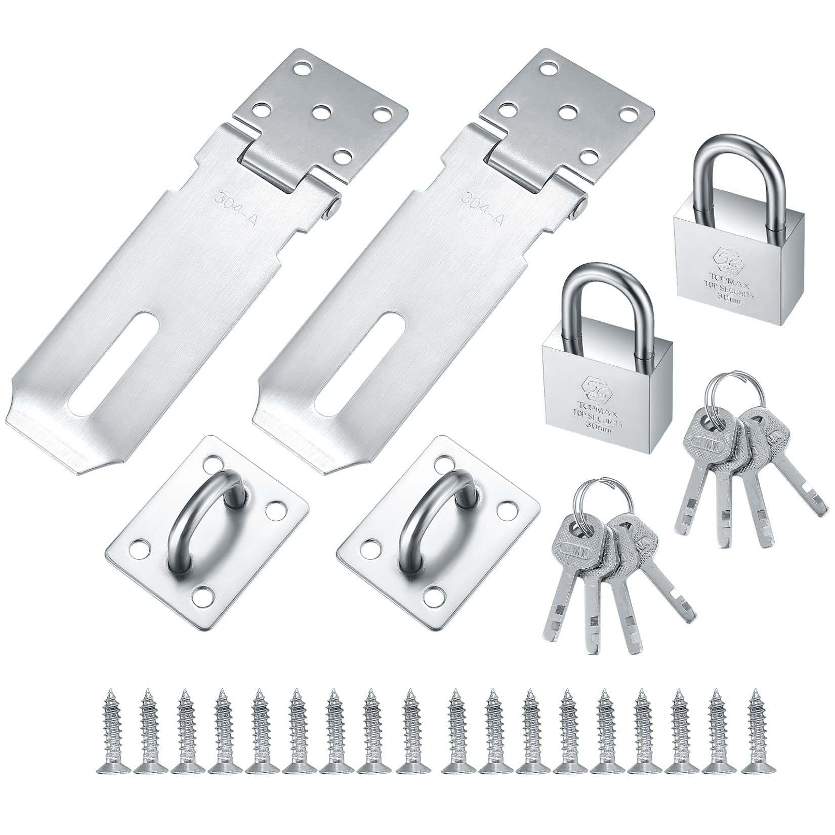 2 Pcs Stainless Steel Padlock Hasp, Door Latch Hasps with Padlocks Keys and Screws, Shed Gate Door Clasps Locks Bolts Hasps and Staples for Wooden Gate, Bedroom, Garage Doors - 4 Inch/Silver