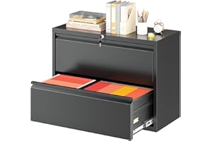 Greenvelly Lateral File Cabinet 2 Drawer, Lockable Metal Filing Cabinet for Home Office, Black Metal File Cabinet with Lock for Legal/Letter/A4/F4 Size with Hanging Bars&Key