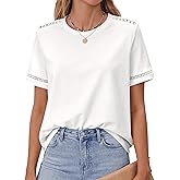 BTFBM Womens Summer Tops Lace Short Sleeve Shirts 2026 Spring Casual Loose Crew Neck Cotton Knit Cute Business Blouses(White, Medium)