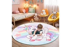 BOSHENGYA Round Rug for Kids Room Unicorn Circle Rugs for Bedroom Kids Rugs for Playroom Girls Cute Cartoon Carpet Living Room Dining Room Decor 40x40 inch