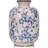 Chinoiserie Vase - 7.9" Tall Chinoiserie Decor Ice Crackle Vintage Blue and White Floral Vase, Farmhouse Country Home Decor, Living Room, Dining Table, Fireplace and Entryway Decor Centerpieces