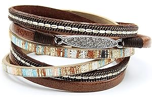 Luluadorn Women Multilayer Leather Wrapped Bracelet Sparkling Crystal Colorful Bohemian Braided Wristbands Bracelets