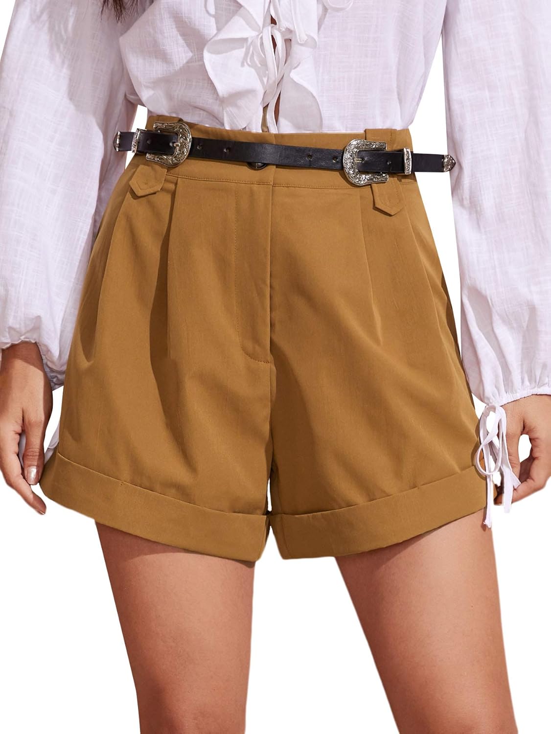Milumia Women Casual Mid Waist Button Zipper Pleated Work Office Shorts
