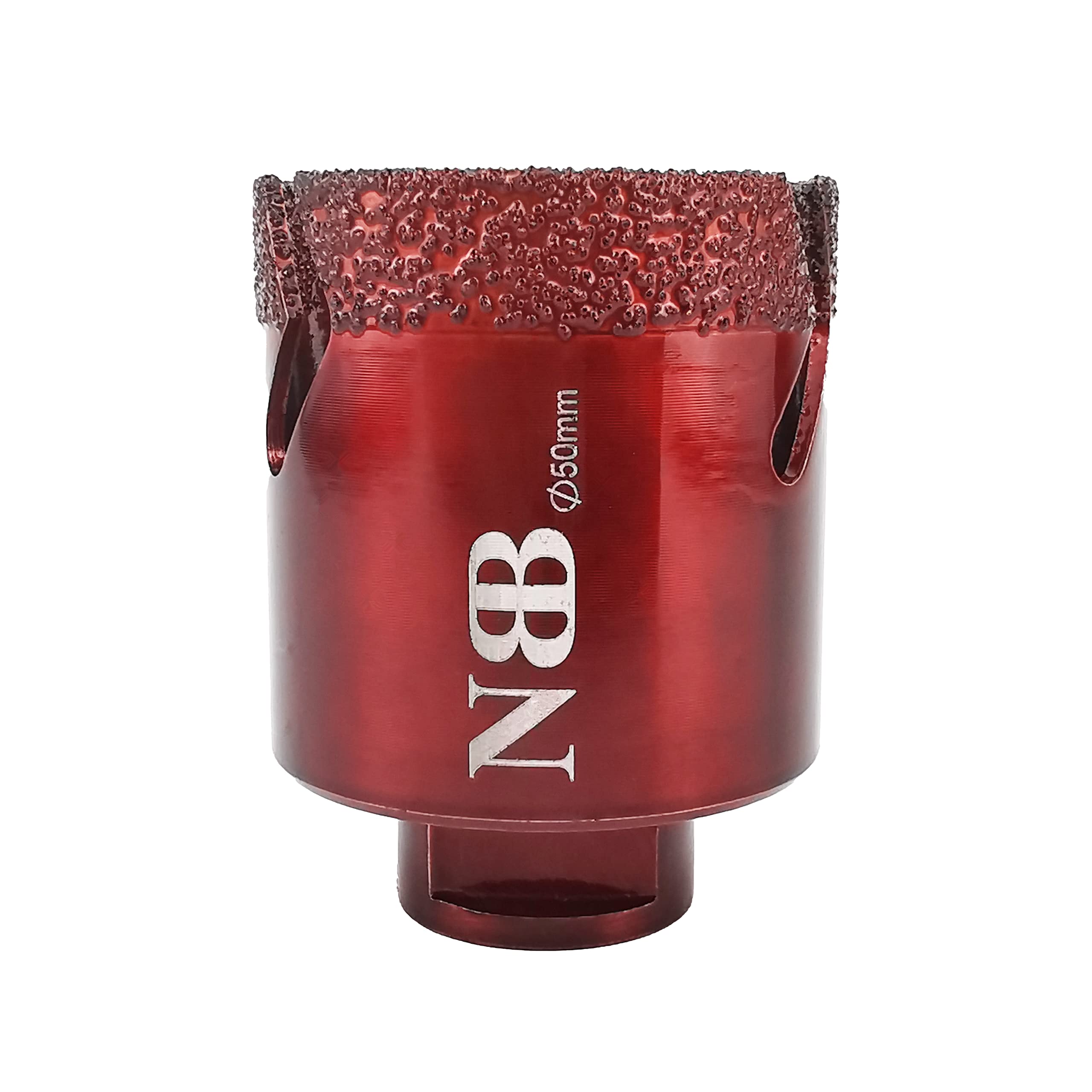 NBB vacuum brazed diamond hole saw with M14 in shiny red color, for dry or wet drilling professionally on hard porcelain, ceramic, tile, granite, marble, fast, durable, for angle grinder (50mm)