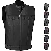 SOA Motorcycle Vest for Men, Premium Buffalo Leather, Back Armor, Inside Pockets, Biker Riding Club Vests, All Season
