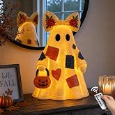 14 in Large Lighted Patchwork Ghost Figurine with Pumpkin Lantern & Remote | Vintage Rustic Resin Ghost Statue with Remote Timer Lights String, Halloween Decor Indoor for Tabletop Mantel Shelf Entryway