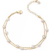 Gold Pearl Bracelets for Women - Dainty 14K Gold Plated Pearls Bracelet Trendy Beaded Chain Jewelry Gifts for Women