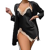 SEAUR Women's Satin Robe Set 2 Piece Silk Pajamas Sets Lace Cami Nightgown with Kimono Robes Nightwear
