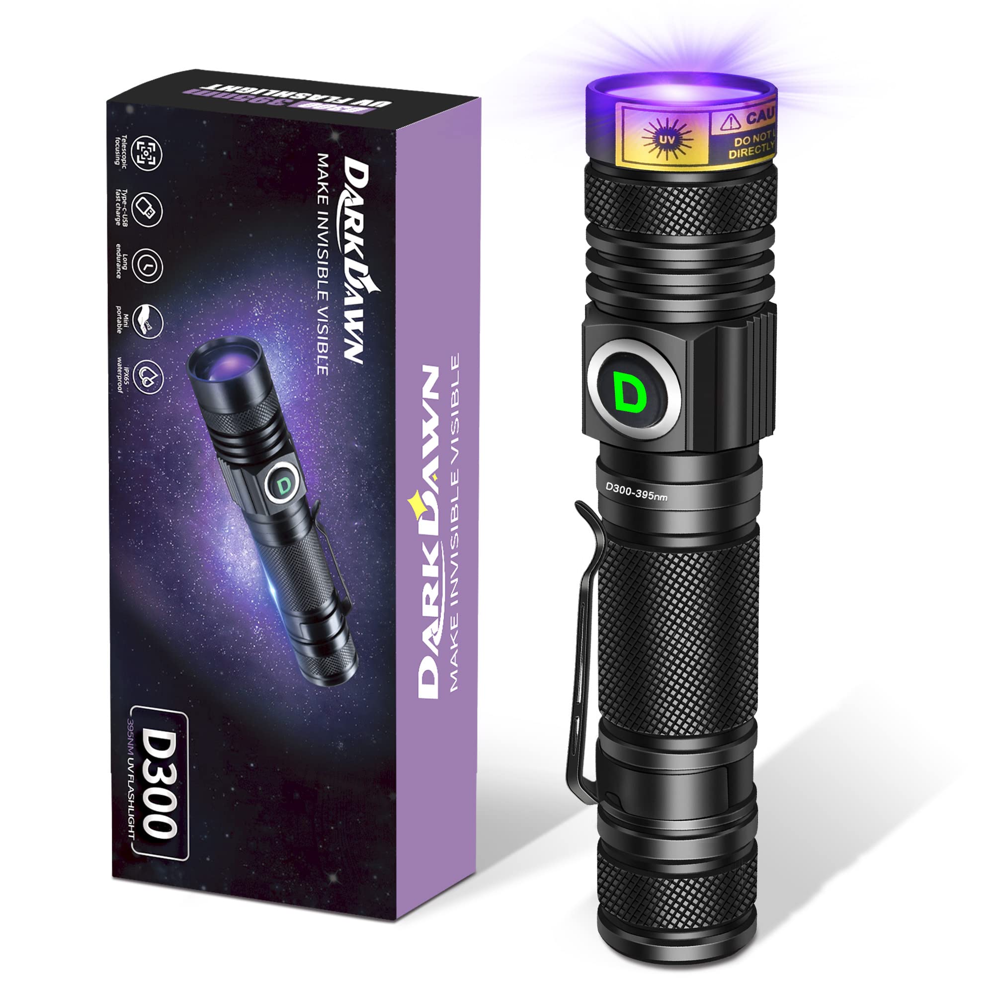 DARKDAWN UV Torch 395nm Flashlight, Black Light USB Rechargeable, Ultraviolet LED Blacklight Powerful, Woods Lamp Portable Mini Detector for Pet Urine Stains, Amber, Resin Curing, Fluorescent