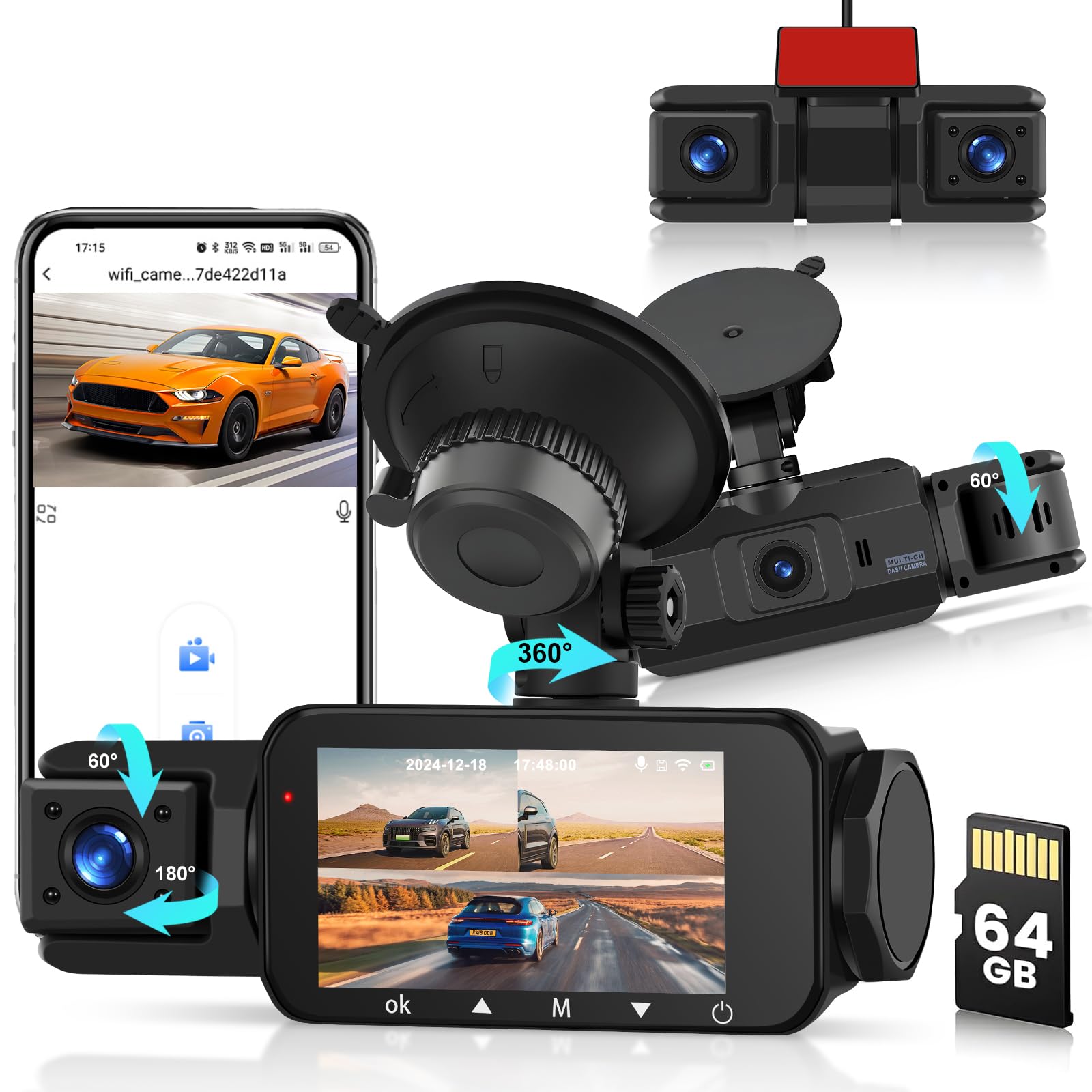 Photo 1 of NHOPEEW 2K Dash Cam 4 Channel Front and Rear Left Right Inside - 3 Inch Screen 360 Camera for Car DVR Recorder - IR Night Vision/Loop Recording/G-Sensor/Parking Monitoring + Backup Camera