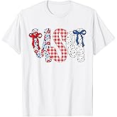 USA Flag 4th of July Coquette Bow Floral Patriotic Girl T-Shirt