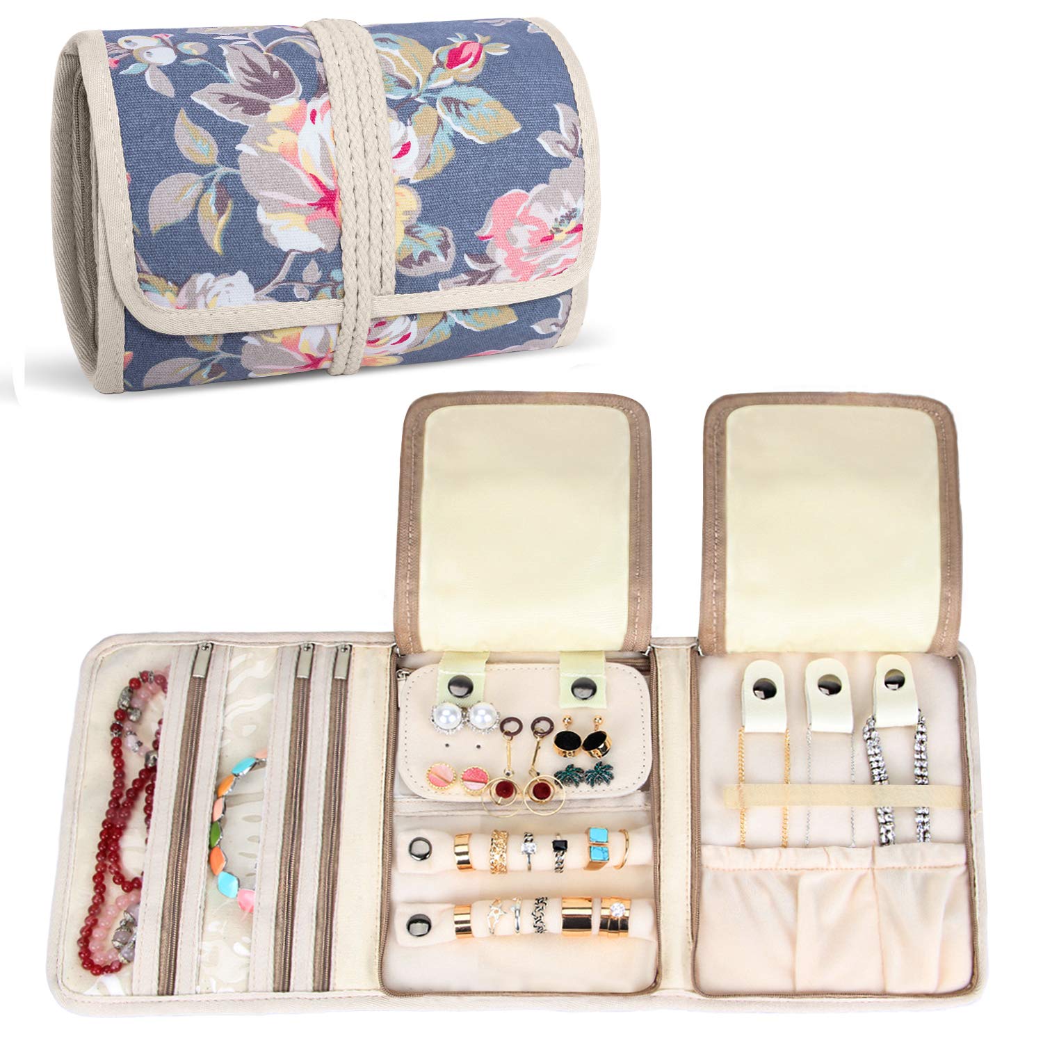 Teamoy Jewellery Roll, Travel Jewellery Organiser for Necklaces, Earrings, Bracelets, Brooches and more, Jewellery Wrap with Various Departments, Peony