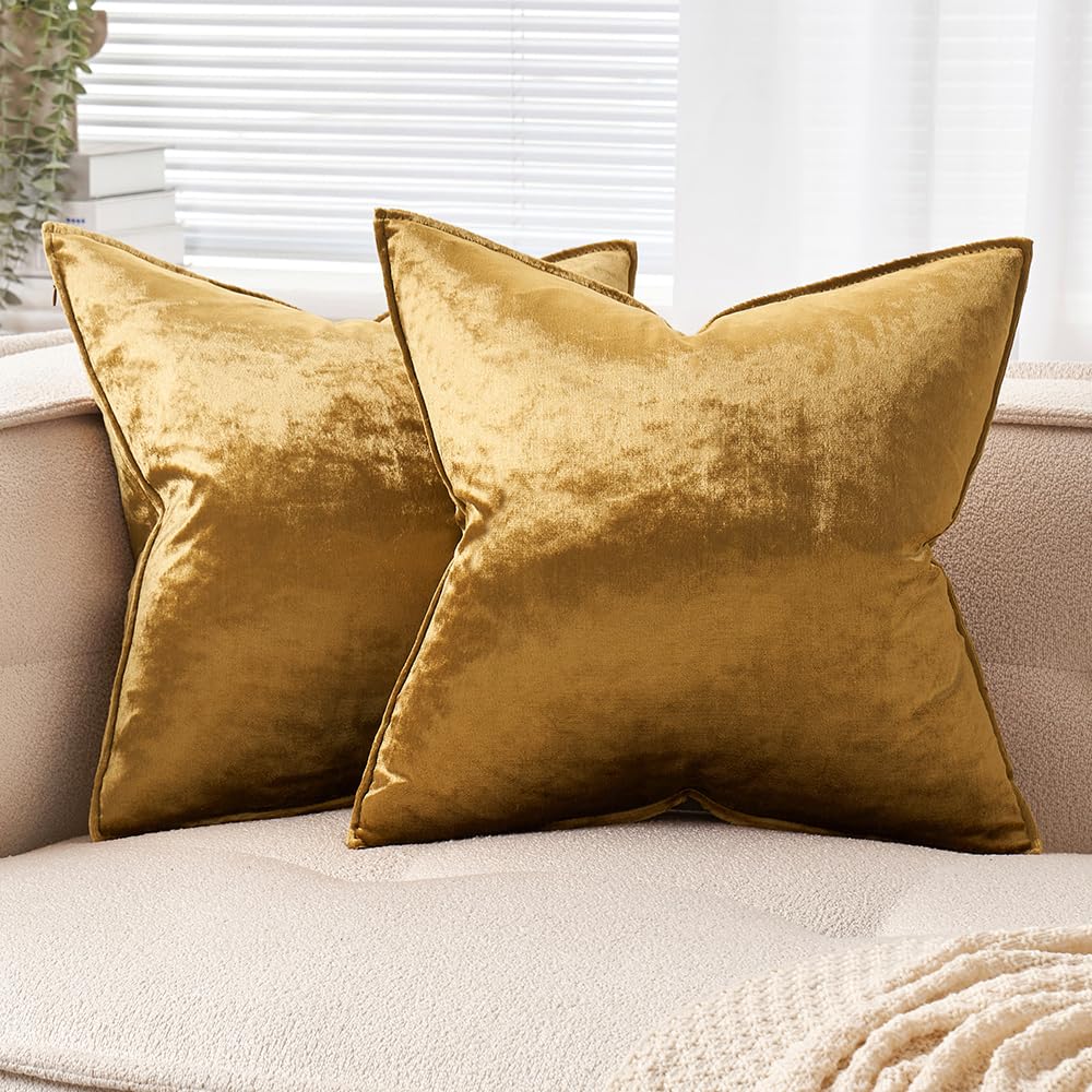 EMEMA Velvet Cushion Cover, 40 x 40 cm, Decorative Sofa Cushion, Decorative Cushion, Wrapped Edge, Set of 2 Cushion Covers, Decorative Cushion Cover for Sofa, Living Room, Bedroom, Champagne Golden
