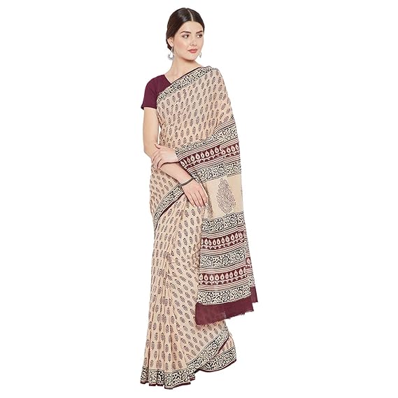 Finest Quality Cotton - Handmade Bagh print Maroon and Cream - Block Print Saree with Blouse Piece BAPASA0057
