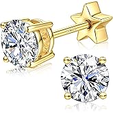 Moissanite Earrings Studs - 925 Sterling Silver Earrings for Women Men 14K Gold Plated Double Sided Star Flat Back Stud Earring Hypoallergenic Small Cartilage Helix Piercing Jewelry D Color VVS1
