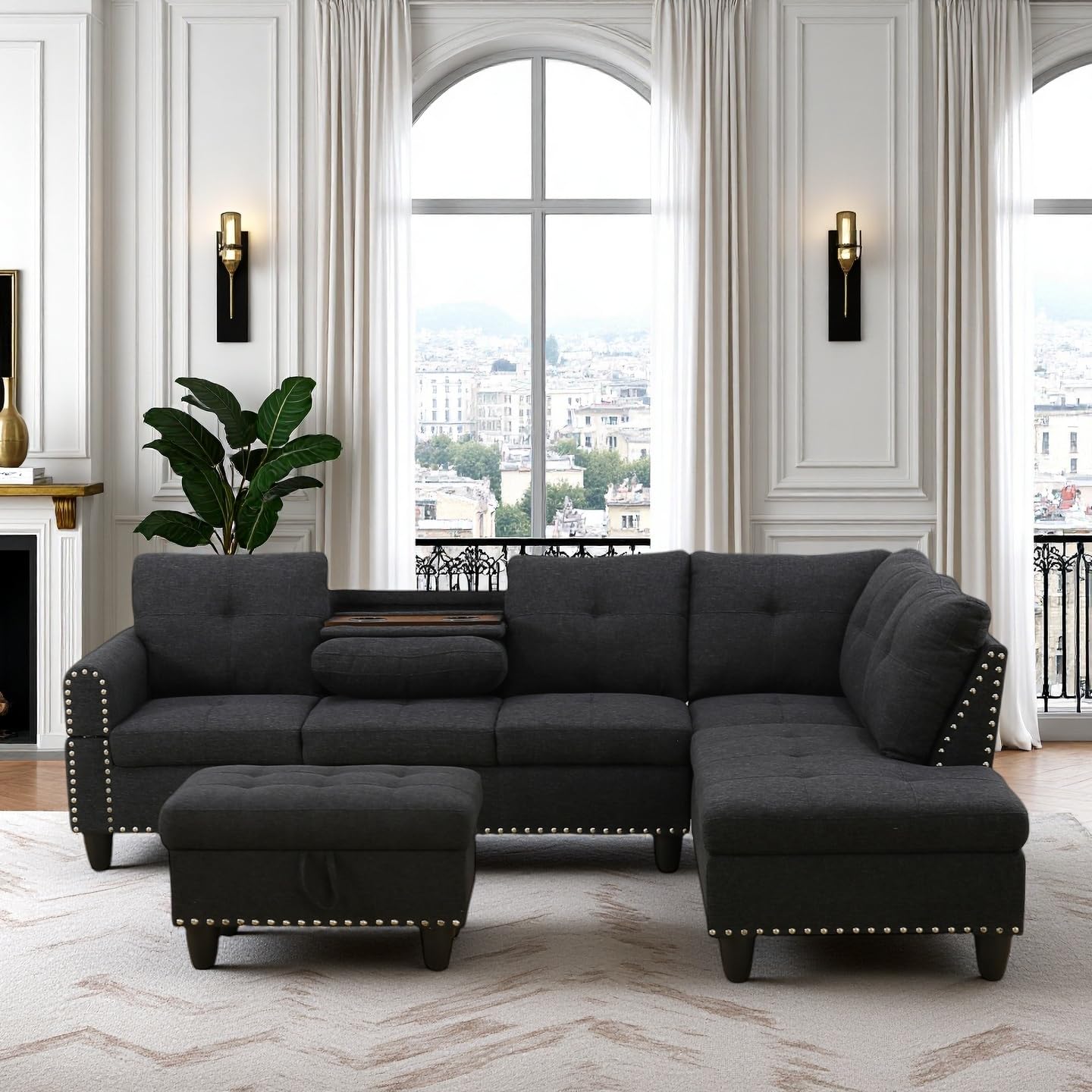 Photo 1 of ** USED/ MISSING PARTS/ UNTESTED*** GlasFlength Modern Living Room Furniture Sets with Cup Holder, Modular Sectional Couches with Chaise Lounge, 4-Seaters L Shape Sofa with Storage Ottoman, for Living Room, Apartment, Black Grey