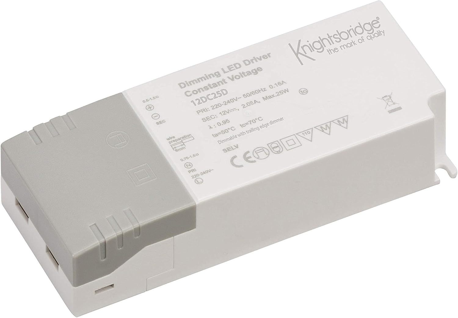 Knightsbridge IP20 12V 25W DC Dimmable LED Driver - Constant Voltage, White