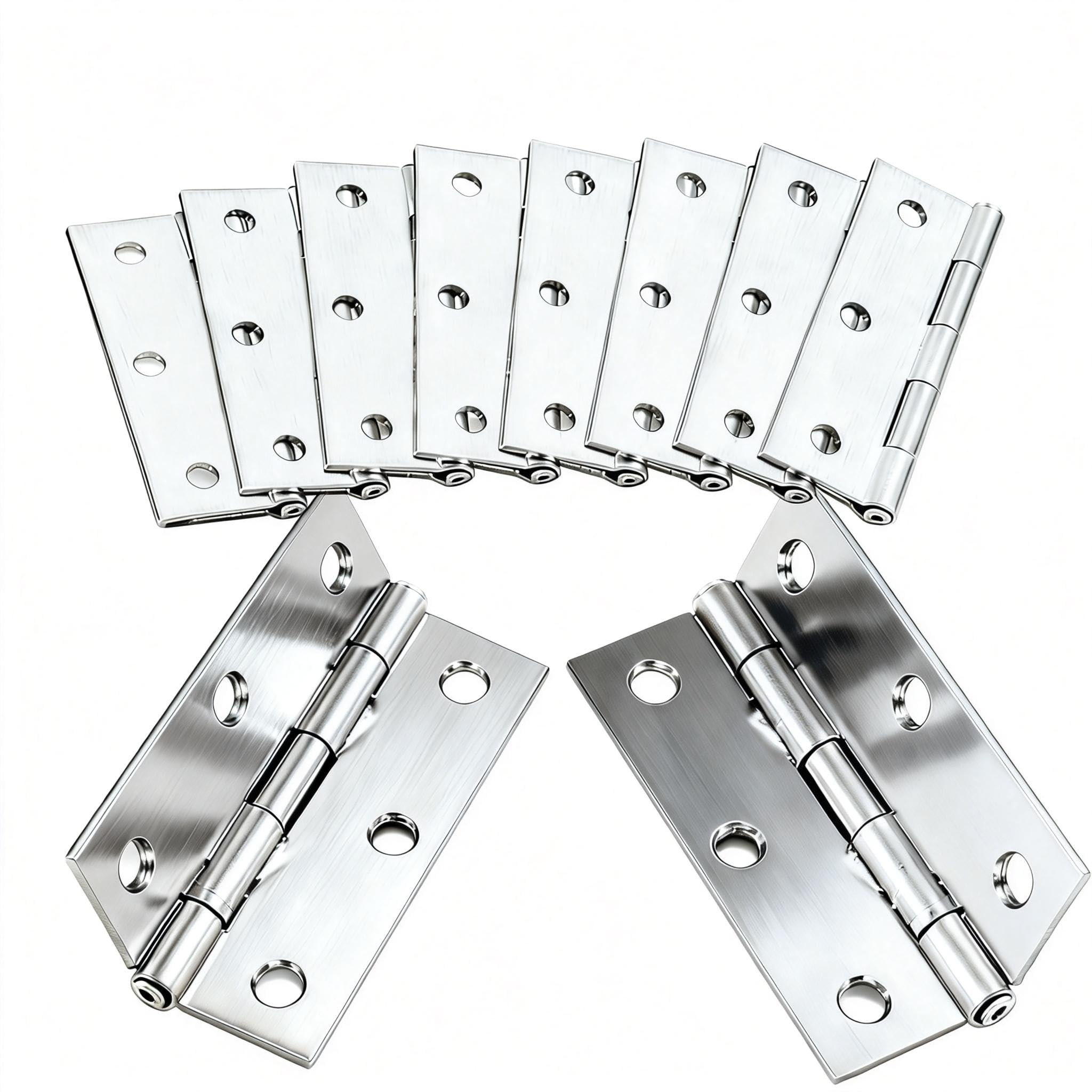 Stainless Steel Door Hinges 75x50mm 10 Pack | Rustproof Low Profile Polished Silver | Smooth Operation for Kitchen Cupboard Gate Furniture
