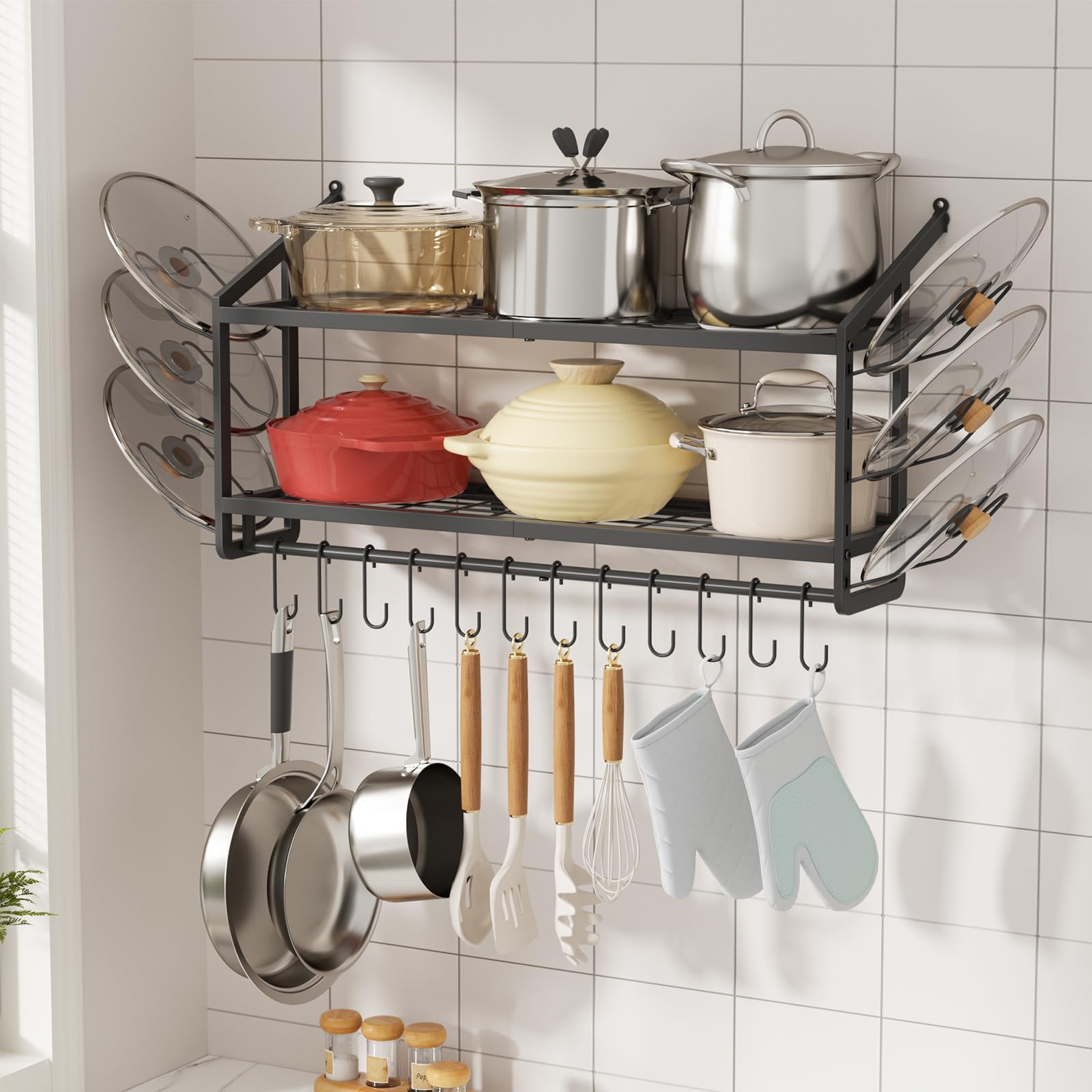 Photo 1 of VOPEAK 30" Pot Rack Wall Mounted with 6 Detachable Pot Lid Holders,12 Adjustable S Hooks for Hanging Pans,2 Tier Black Heavy Duty Metal Shelves for pots and pans Organizer,200lbs Capcity,Space Saving