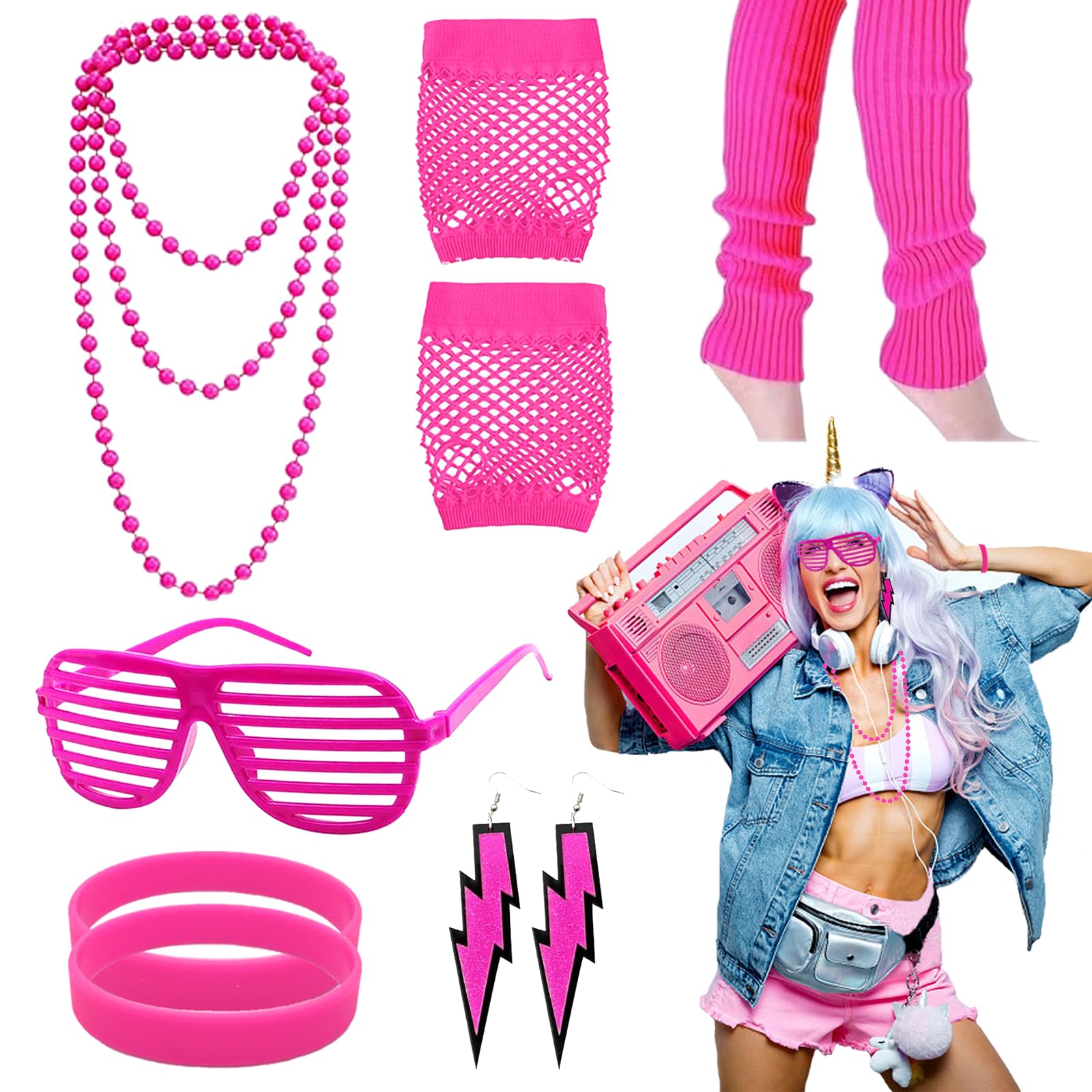 WanderGo 80s Fancy Dress for Women, 10Pcs 80S Accessories for Women with Retro Neon Accessories Pink Leg Warmers Necklace Earring Glasses Bracelets Gloves for 80s World Book Day Costume