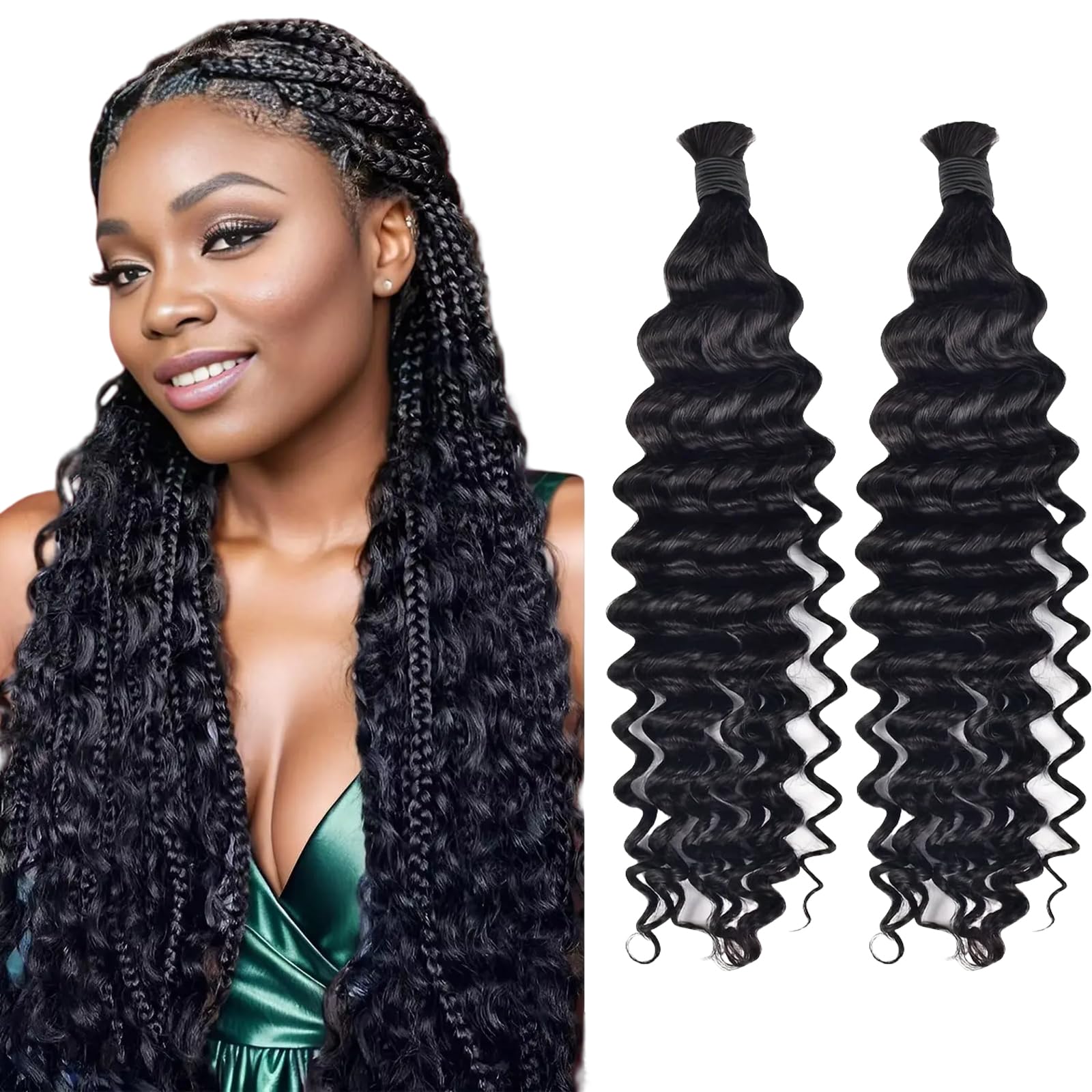 18inch Deep Wave Boho Braids Water Wave Bulk Braiding Hair Bundles For Bohemian Knotless Boho Braids Wet and Wave No Weft 180g (1 Pack—2 Bundles) Wavy Synthetic Hair Extensions (1B, 30INCH)
