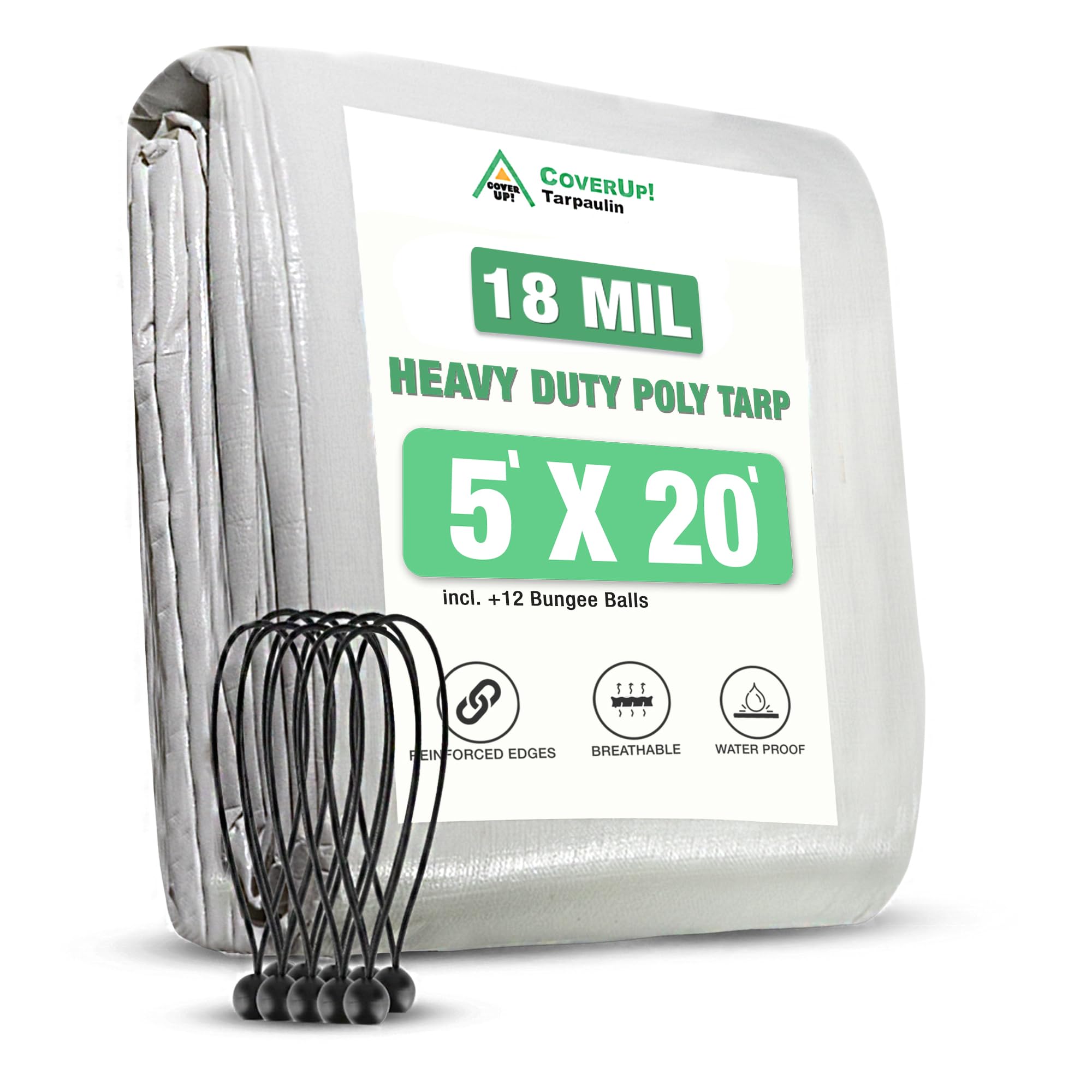 CoverUp! Tarpaulin 1.5 x 6 m - White, 200g/m² - Tarpaulin Waterproof Heavy Duty - Cover for garden, furniture, pool, boat, outdoor, camping or as a ground sheet - Tarpaulin sheet with 10 bungee cords