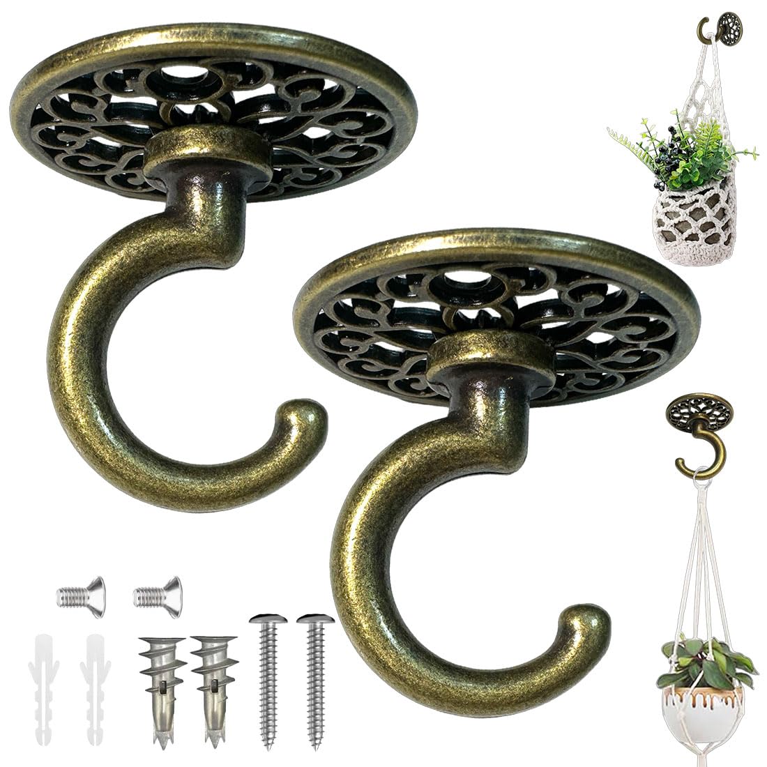 Photo 1 of Evsteluo Decorative Ceiling & Wall Hook – Heavy Duty Zinc Alloy Hook with Hollow Carved Base, Holds Up to 50 lbs (2 Sets, Antique Brass)