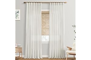 108 Inch Linen Curtains 2 Panels, with Heading Tape Hooks for Track System, Back Tab Extra Long Sheer Curtains for Living Roo