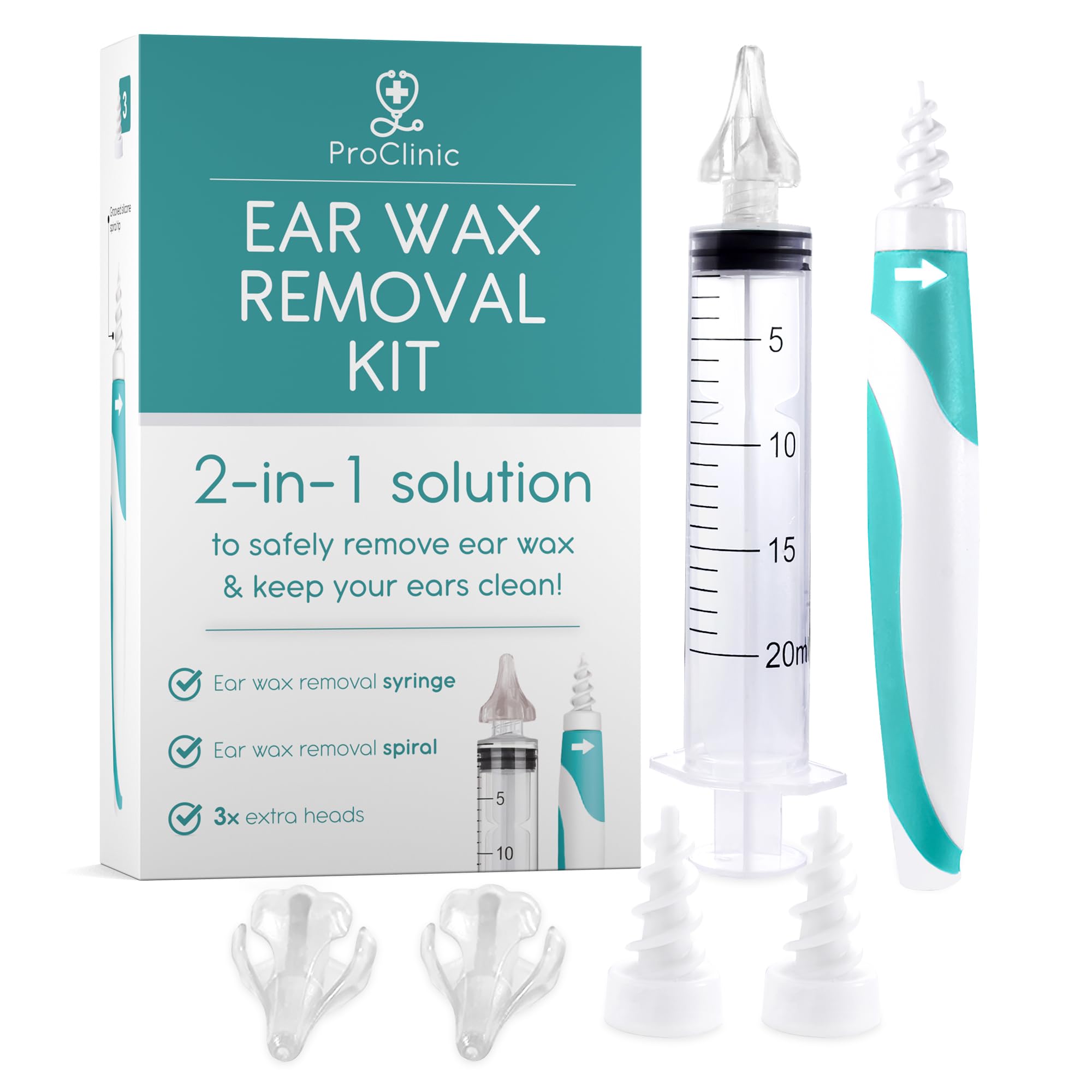 ProClinic Ear Wax Removal Kit with Syringe, Spiral Tool and 3 x Soft Silicone Tips | Reusable and Washable Ear Cleaner for Safe Home Use | Includes Storage Case