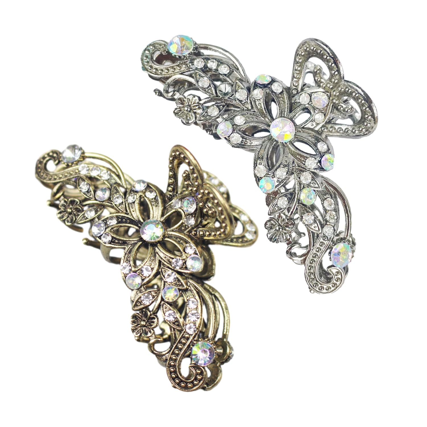 2-Piece Vintage Flower Hair Grips - Ladies Retro Rhinestone Anti-Slip Clips (Gold, Silver)
