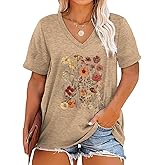 Robisomn Womens Plus Size Tops Boho Floral Short Sleeve V Neck T-Shirt Casual Summer Wildflower Graphic Tees