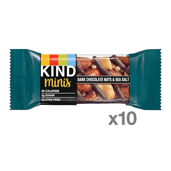 KIND MINI SNACK BARS, DARK CHOCOLATE NUTS & SEA SALT, GLUTEN FREE, LOW SUGAR, LOW CALORIE SNACKS, 10 COUNT
