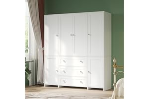 VOWNER Armoire Wardrobe Closet with Drawers and Mirror, 71" Clothing Storage Cabinet with Hanging Rod, 6 Doors Wooden Wardrobe Cabinet for Bedroom, Large Capacity Storage