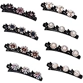 Braided Hair Clips for Women, Sparkling Crystal Stone Pearl Barrette, 8PCS Rhinestone Decorative Barrette Clips with 3 Small Flower Hair Accessories for Women, Girls Styling Sectioning