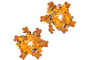 WELL KNOWN 2 Pcs Mini Fall Orange Acorn & Berries Candle Rings Wreaths for Pillars Home Table Window Decor, 9" Artificial Hydrangea Flower Cabinet Wreath for Autumn Kitchen Farmhouse Wedding Thanksgiving Party