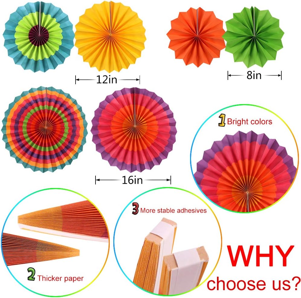 Mexican Party Decorations, Fiesta Party Supplies Hanging Paper Fans Pom Poms Flowers Swirls Garlands String Polka Dot and Triangle Bunting Flags for Birthday Parties Rainbow Party: Health & Personal Care